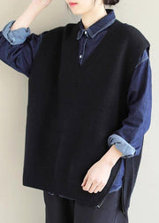 Oversized Black Knitted Clothes V Neck Sleeveless Oversized Sweaters - bagstylebliss