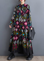 Oversized Black Stand Collar Print Wrinkled Chiffon Dresses Long Sleeve