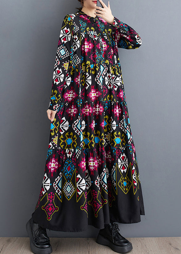 Oversized Black Stand Collar Print Wrinkled Chiffon Dresses Long Sleeve