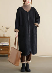 Oversized Black Zip Up Pockets Patchwork Cotton Trench Winter