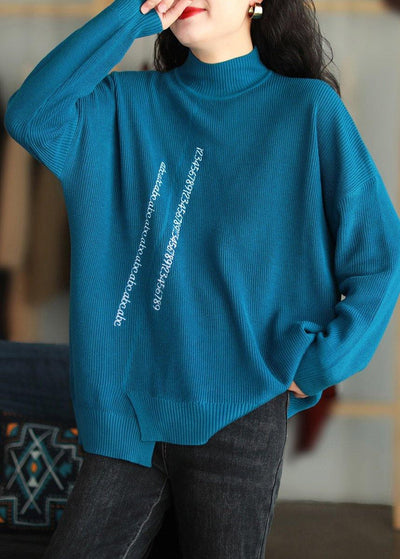 Oversized Blue Embroidery Blouse High Neck Oversized Knitted Blouse - bagstylebliss