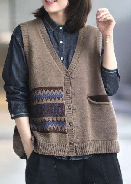 Oversized Khaki Knitted Top V Neck Sleeveless Loose Fitting Knitted Blouse - bagstylebliss