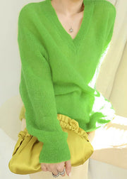 Oversized Simple Green V Neck Cozy Knit Sweaters Fall