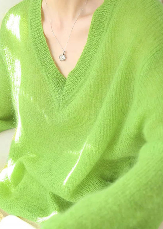 Oversized Simple Green V Neck Cozy Knit Sweaters Fall