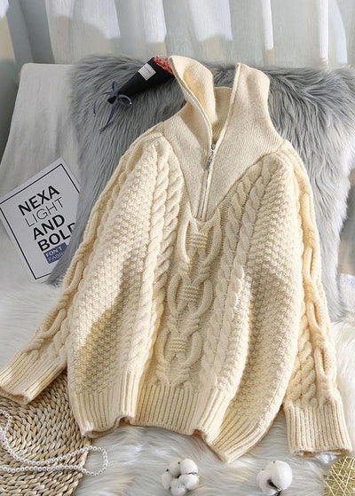 Oversized beige knitted pullover high neck zippered fall fashion knit sweat tops - bagstylebliss