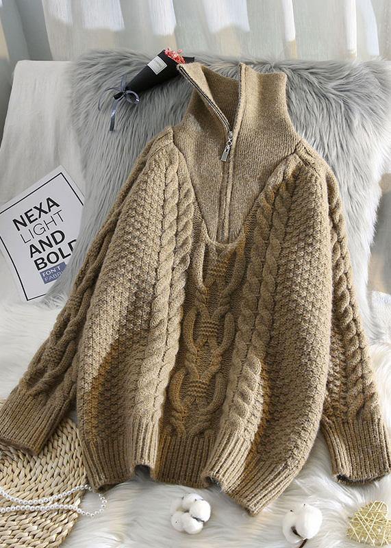 Oversized beige knitted pullover high neck zippered fall fashion knit sweat tops - bagstylebliss