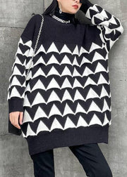 Oversized black Geometric knit top silhouette o neck plus size sweaters - bagstylebliss