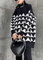 Oversized black Geometric knit top silhouette o neck plus size sweaters - bagstylebliss