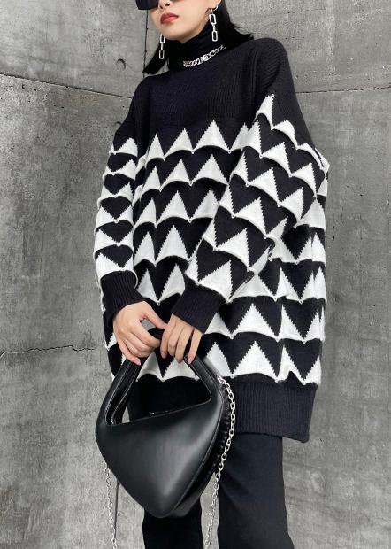 Oversized black Geometric knit top silhouette o neck plus size sweaters - bagstylebliss