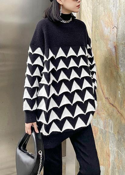 Oversized black Geometric knit top silhouette o neck plus size sweaters - bagstylebliss