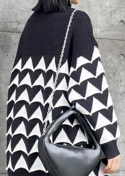 Oversized black Geometric knit top silhouette o neck plus size sweaters - bagstylebliss