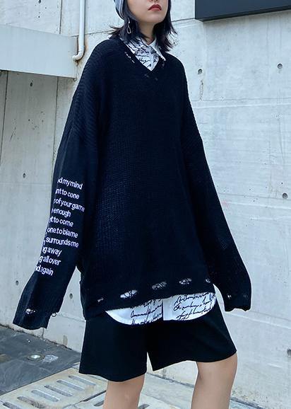 Oversized black Letter knit tops v neck fall fashion sweaters - bagstylebliss