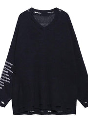 Oversized black Letter knit tops v neck fall fashion sweaters - bagstylebliss