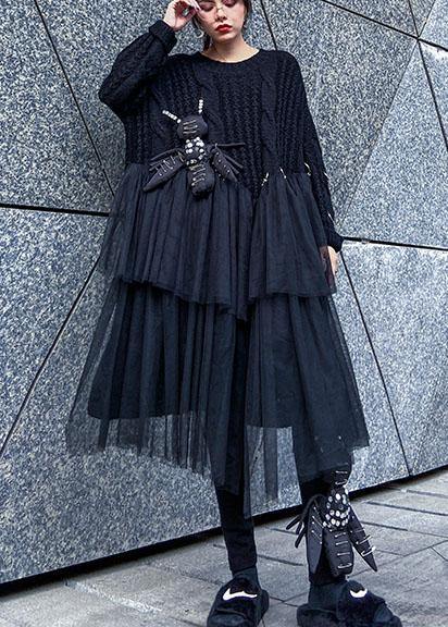 Oversized black Sweater Vintage o neck Three-dimensional decoration Big spring sweater dresses - bagstylebliss