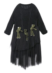 Oversized black Sweater Vintage o neck Three-dimensional decoration Big spring sweater dresses - bagstylebliss