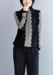 Oversized black knit sweat tops fall fashion high neck knitted t shirt - bagstylebliss