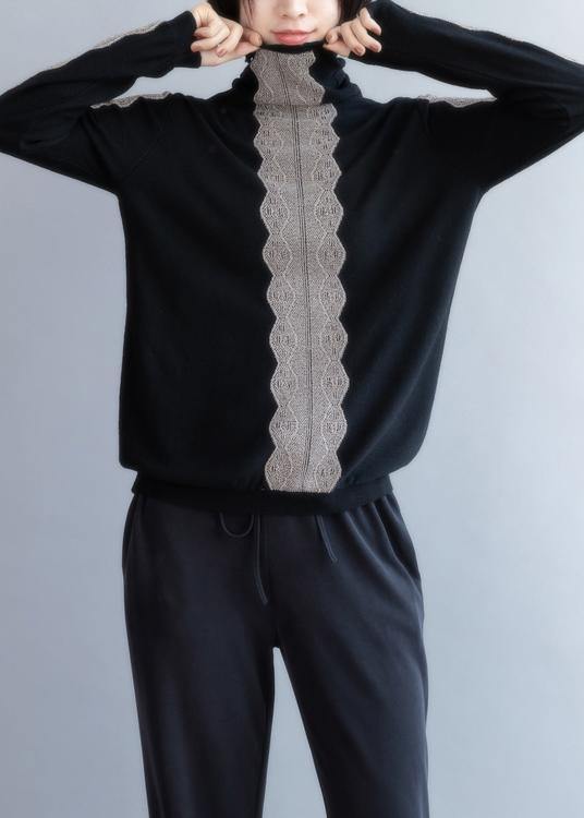 Oversized black knit sweat tops fall fashion high neck knitted t shirt - bagstylebliss