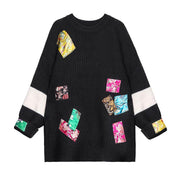 Oversized black knitted pullover o neck patchwork oversized knitted blouse - bagstylebliss