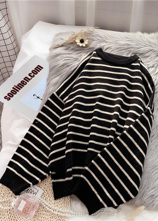 Oversized black striped knitted blouse plus size clothing o neck low high design knit tops - bagstylebliss
