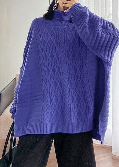 Oversized blue Sweater Blouse high neck thick casual knit sweat tops - bagstylebliss
