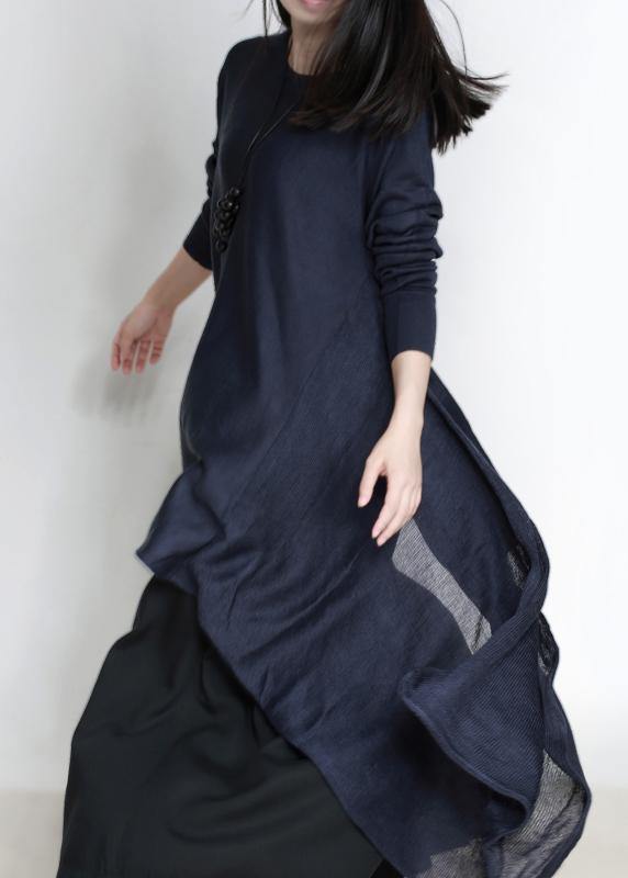 Oversized blue Sweater Wardrobes plus size asymmetric daily o neck sweater dress - bagstylebliss