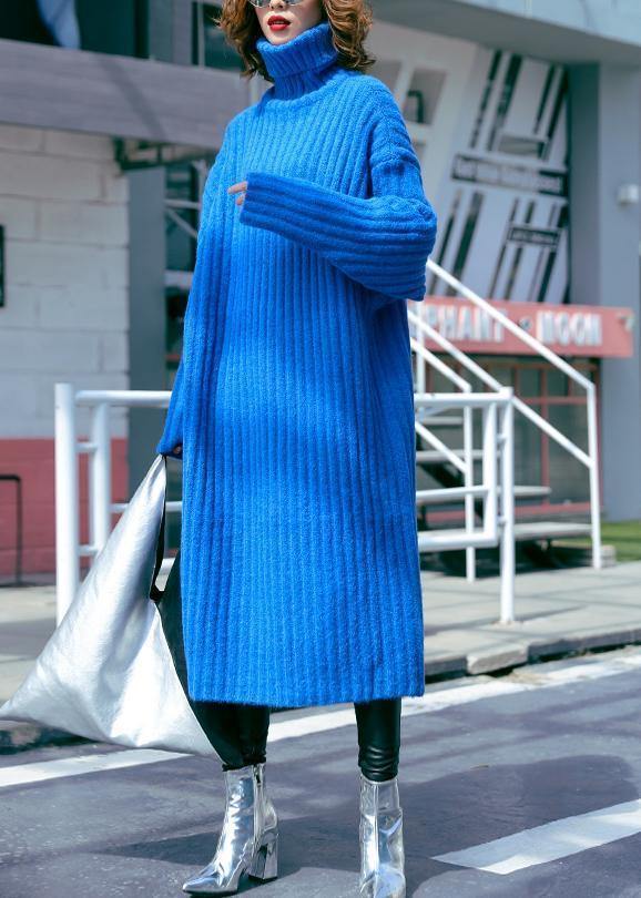 Oversized blue Sweater dresses Largo high neck tunic fall knit dresses - bagstylebliss