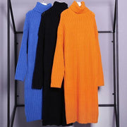 Oversized blue Sweater dresses Largo high neck tunic fall knit dresses - bagstylebliss