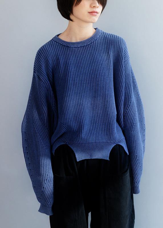 Oversized blue knit blouse open hem Loose fitting knit tops - bagstylebliss