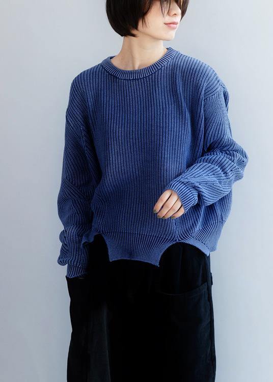 Oversized blue knit blouse open hem Loose fitting knit tops - bagstylebliss