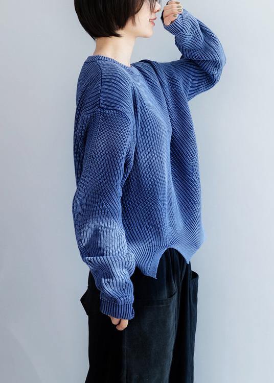 Oversized blue knit blouse open hem Loose fitting knit tops - bagstylebliss