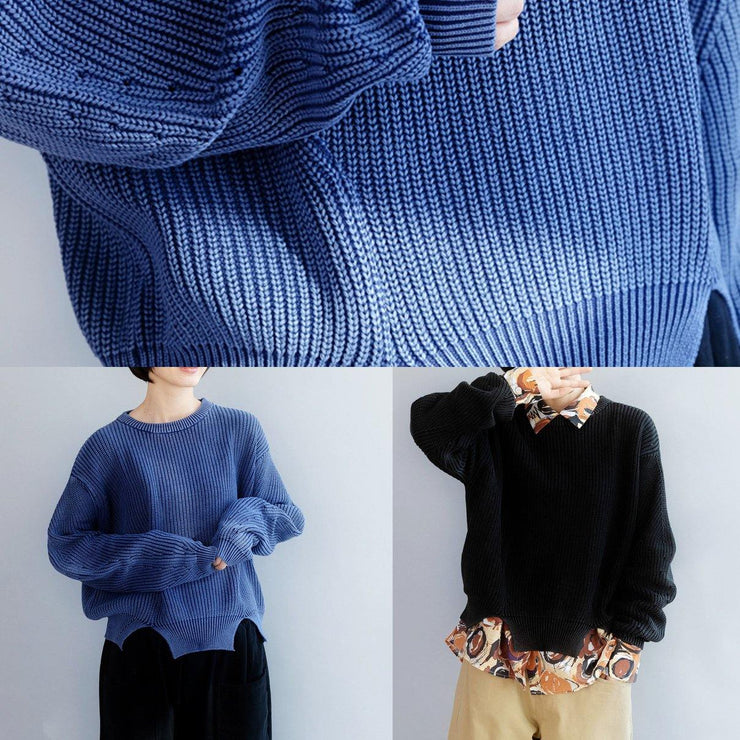 Oversized blue knit blouse open hem Loose fitting knit tops - bagstylebliss