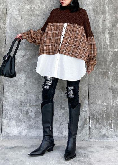 Oversized chocolate Sweater Blouse lapel patchwork plus size spring knit tops - bagstylebliss