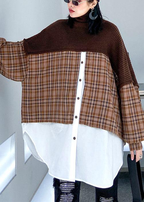 Oversized chocolate Sweater Blouse lapel patchwork plus size spring knit tops - bagstylebliss