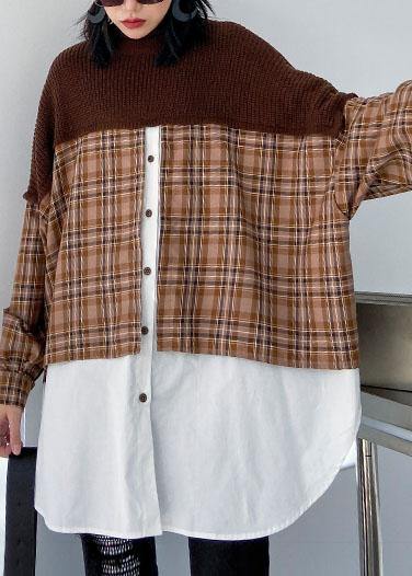 Oversized chocolate Sweater Blouse lapel patchwork plus size spring knit tops - bagstylebliss