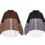 Oversized chocolate Sweater Blouse lapel patchwork plus size spring knit tops - bagstylebliss