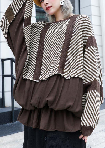 Oversized chocolate striped box top plus size clothing o neck ruffles patchwork knit sweat tops - bagstylebliss