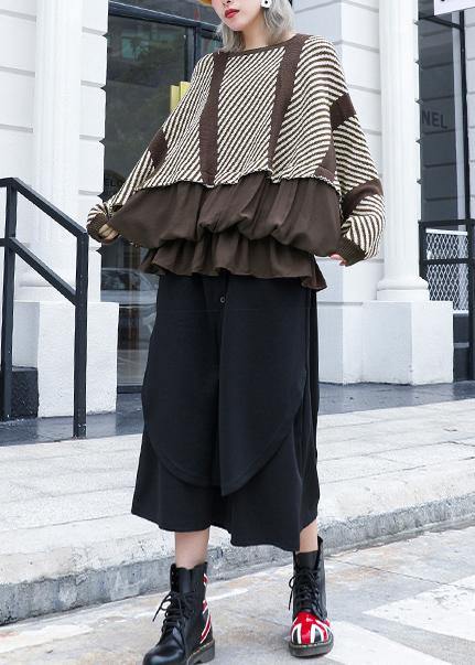 Oversized chocolate striped box top plus size clothing o neck ruffles patchwork knit sweat tops - bagstylebliss