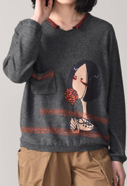 Oversized dark gray knit tops trendy plus size Cartoon print sweaters long sleeve - bagstylebliss