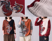 Oversized fall Appliques knitted  blouse casual o neck knitted tops red patchwork beige - bagstylebliss