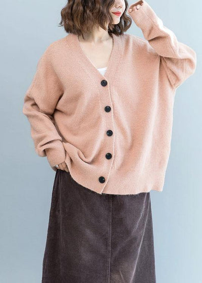 Oversized fall pink knit sweat tops plus size clothing v neck knit blouse - bagstylebliss