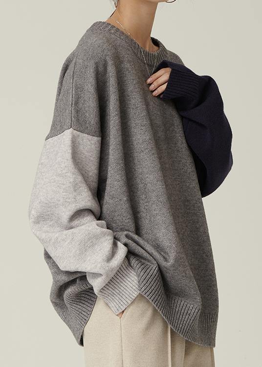 Oversized gray Sweater Blouse o neck patchwork oversized fall knitwear - bagstylebliss