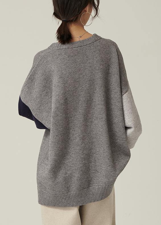 Oversized gray Sweater Blouse o neck patchwork oversized fall knitwear - bagstylebliss