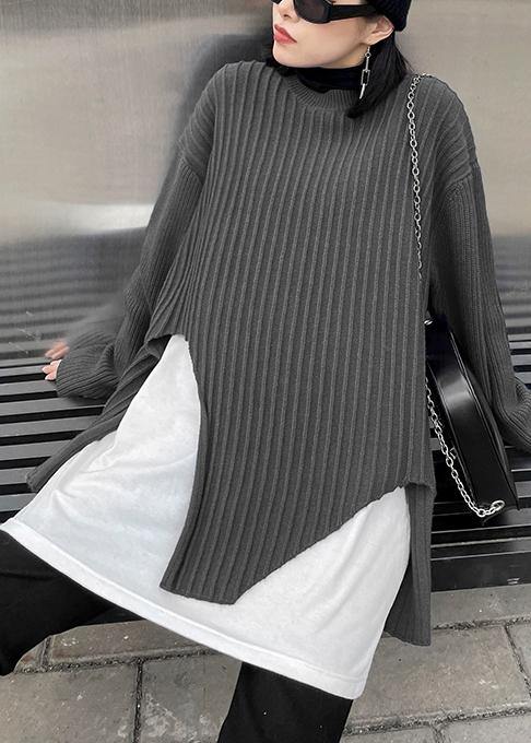 Oversized gray knit sweat tops fall fashion o neck false two pieces crane tops - bagstylebliss