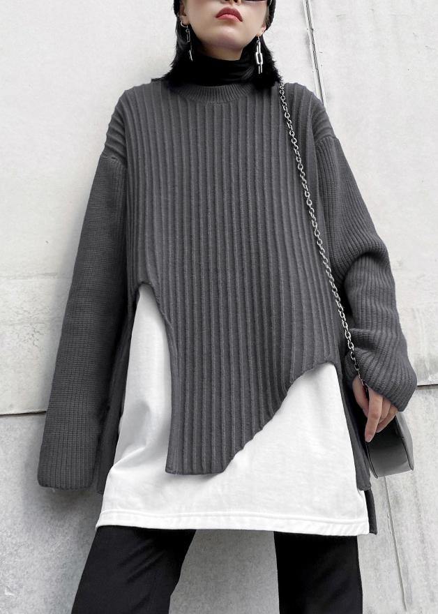 Oversized gray knit sweat tops fall fashion o neck false two pieces crane tops - bagstylebliss