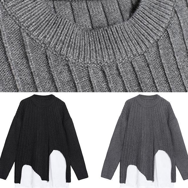 Oversized gray knit sweat tops fall fashion o neck false two pieces crane tops - bagstylebliss