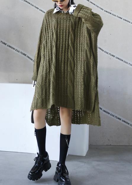 Oversized green Sweater dress Street Style o neck low high design Art knit dresses - bagstylebliss
