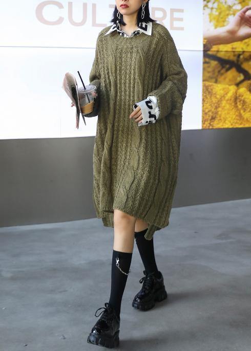 Oversized green Sweater dress Street Style o neck low high design Art knit dresses - bagstylebliss