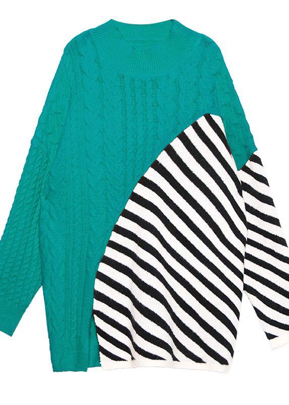 Oversized green patchwork striped knit sweat tops Loose fitting o neck Sweater Blouse - bagstylebliss