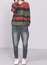 Oversized green striped knit tops plus size patchwork sweaters v neck - bagstylebliss