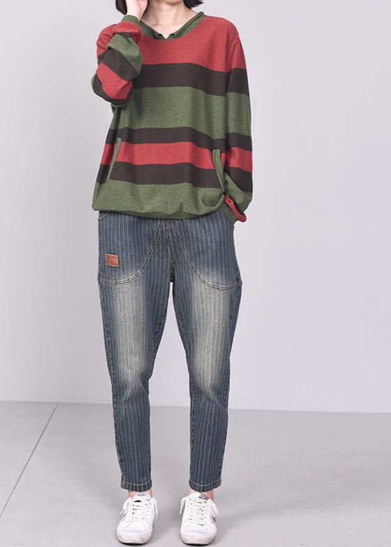 Oversized green striped knit tops plus size patchwork sweaters v neck - bagstylebliss